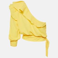 Elisabetta Franchi Yellow Crepe One-Shoulder Ruffled Blouse M