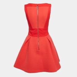 Pre Owned Elisabetta Franchi Red Stripe Textured Neoprene Pleated Mini Dress M