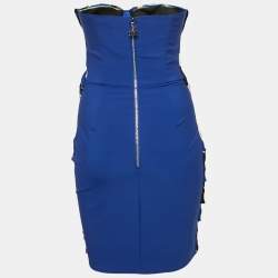 Pre Owned Elisabetta Franchi Blue Printed Silk and Crepe Strapless Mini Dress S