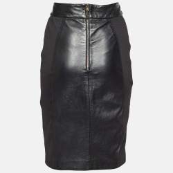 Pre Owned Elisabetta Franchi Gold Black Leather & Jersey Pencil Skirt M