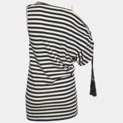 Pre Owned Elisabetta Franchi Jeans Marine Blue Striped Jersey Asymmetric Top M