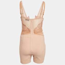 Pre Owned Elisabetta Franchi Beige Lace and Tulle Trim Jersey Bodysuit L