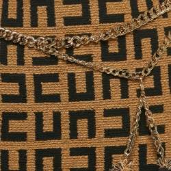 Pre Owned Elisabetta Franchi Brown Monogram Jacquard Tweed Belt Detail Mini Skirt M