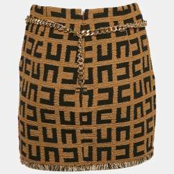 Pre Owned Elisabetta Franchi Brown Monogram Jacquard Tweed Belt Detail Mini Skirt M