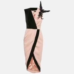 Pre Owned Elisabetta Franchi Pink/Black Sequin Bird Applique Crepe and Velvet Draped Midi Dress S