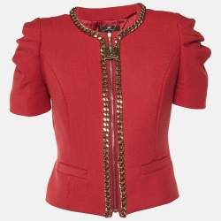 Elisabetta Franchi Rouge Pink Crepe Chain Detail Zip Up jacket L