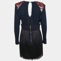 Pre Owned Elisabetta Franchi Navy Blue Sequin Embellishment Jersey Fringed Mini Dress M