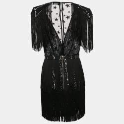 Pre Owned Elisabetta Franchi Black Star Print Crepe Fringed Mini Dress M