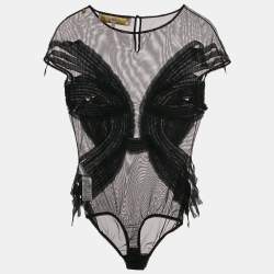Pre Owned Elisabetta Franchi Black Sheer Tulle Bodysuit M
