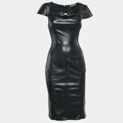 Pre Owned Elisabetta Franchi Black Faux Leather Cap Sleeve Mesh Trimmed Short Dress S