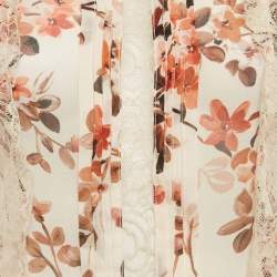 Pre Owned Elisabetta Franchi Beige Floral Print Lace Trim Crepe Blouse S