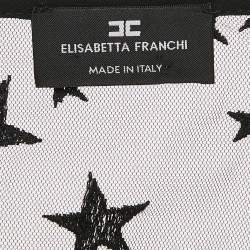 Pre Owned Elisabetta Franchi Black Star Print Crepe and Tulle Fringed Bodysuit S