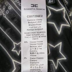 Pre Owned Elisabetta Franchi Black Star Print Crepe and Tulle Fringed Bodysuit S
