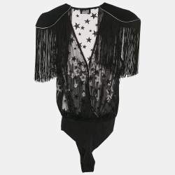 Pre Owned Elisabetta Franchi Black Star Print Crepe and Tulle Fringed Bodysuit S