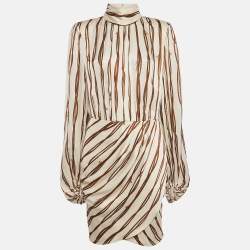 Elisabetta Franchi Beige Belt Print Silk Draped Short Dress L