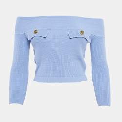 Elisabetta Franchi Blue Knit Off-Shoulder Crop Sweater Top S