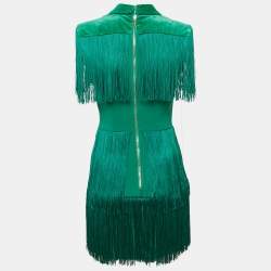Pre Owned Elisabetta Franchi Green Crepe Fringed Mini Dress S