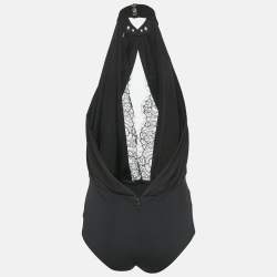 Pre Owned Elisabetta Franchi Black Embellished Jersey and Lace Halter Neck Bodysuit M