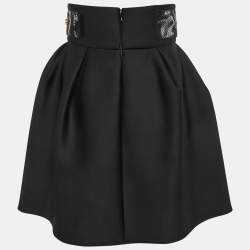 Elisabetta Franchi Black Faux Leather Belted Neoprene Flared Mini Skirt M