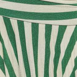 Pre Owned Elisabetta Franchi Green/Cream Striped Lurex Knit Cut-Out Detail Gown M