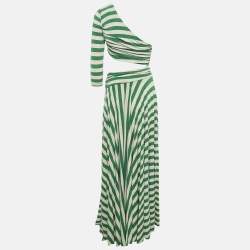 Pre Owned Elisabetta Franchi Green/Cream Striped Lurex Knit Cut-Out Detail Gown M