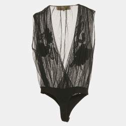 Pre Owned Elisabetta Franchi Gold Black Embellished Tulle Sleeveless Bodysuit S