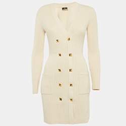 Pre Owned Elisabetta Franchi Cream Rib Knit Double Breasted Mini Dress S