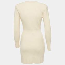 Pre Owned Elisabetta Franchi Cream Rib Knit Double Breasted Mini Dress S