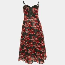 Elisabetta Franchi Black Lips Print and Sequin Chiffon Midi Dress M