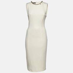 Pre Owned Elisabetta Franchi Cream Jersey Sleeveless Sheath Dress M