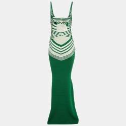 Pre Owned Elisabetta Franchi Green/White Bandage Knit Long Bodycon Dress S