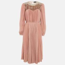 Elisabetta Franchi Pink Embellished Lurex Knit Plisse Midi Dress M
