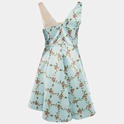 Pre Owned Elisabetta Franchi Green Floral Print Satin Bow Detail Fit and Flare Dress M