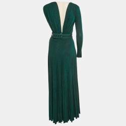 Pre Owned Elisabetta Franchi Green Lurex Knit Pleated Maxi Dress S