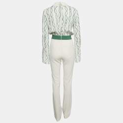 Elisabetta Franchi Green/Cream Printed Crepe Jumpsuit S