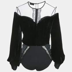 Elisabetta Franchi Black Velvet Lace Trimmed Bodysuit Top M