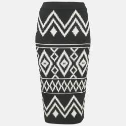 Elisabetta Franchi Black Tribal Intarsia Stretch Knit Midi Skirt L