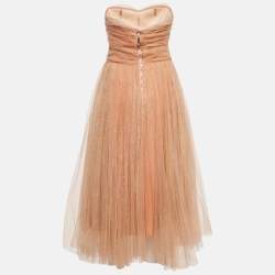 Elisabetta Franchi Beige/Pink Tulle Strapless Midi Dress S
