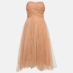 Elisabetta Franchi Beige/Pink Tulle Strapless Midi Dress S