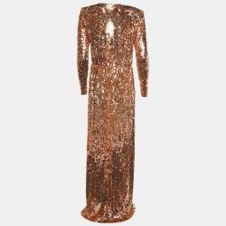 Elisabetta Franchi Rose Gold Sequin Embellished Wrap Maxi Dress M