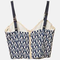 Pre Owned Elisabetta Franchi Navy Blue Logo Print Crepe Crop Top M