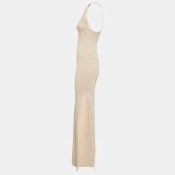 Pre Owned Elisabetta Franchi Cream Logo Embellished Knit Sleeveless Long Dress S