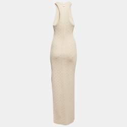 Pre Owned Elisabetta Franchi Cream Logo Embellished Knit Sleeveless Long Dress S
