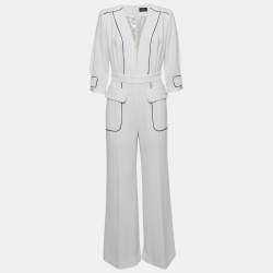 Pre Owned Elisabetta Franchi White Crepe Contrast Trimmed Jumpsuit M