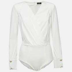 Pre Owned Elisabetta Franchi White Jersey Plunging Neck Bodysuit M