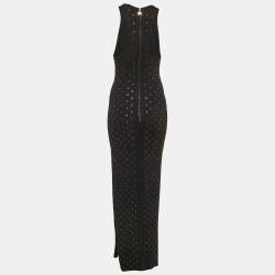 Pre Owned Elisabetta Franchi Black Rhinestone Lettering Rib Knit Red Carpet Dress M