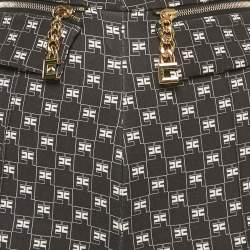 Pre Owned Elisabetta Franchi Black Logo All Over Jersey High Rise Flared Pants S