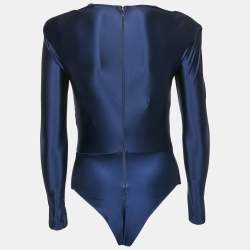 Pre Owned Elisabetta Franchi Navy Blue Chain Detail Jersey Ruche Bodysuit M