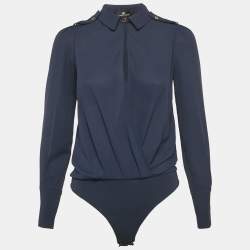 Elisabetta Franchi Navy Blue Chiffon Plunging Neck Bodysuit S