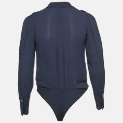 Elisabetta Franchi Navy Blue Chiffon Plunging Neck Bodysuit S